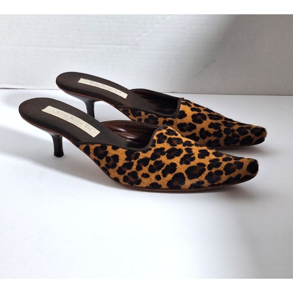 Olivia Rose Tal Leopard Print Calf Hair Kiten Heel Mules Women's Size 7 Slip On